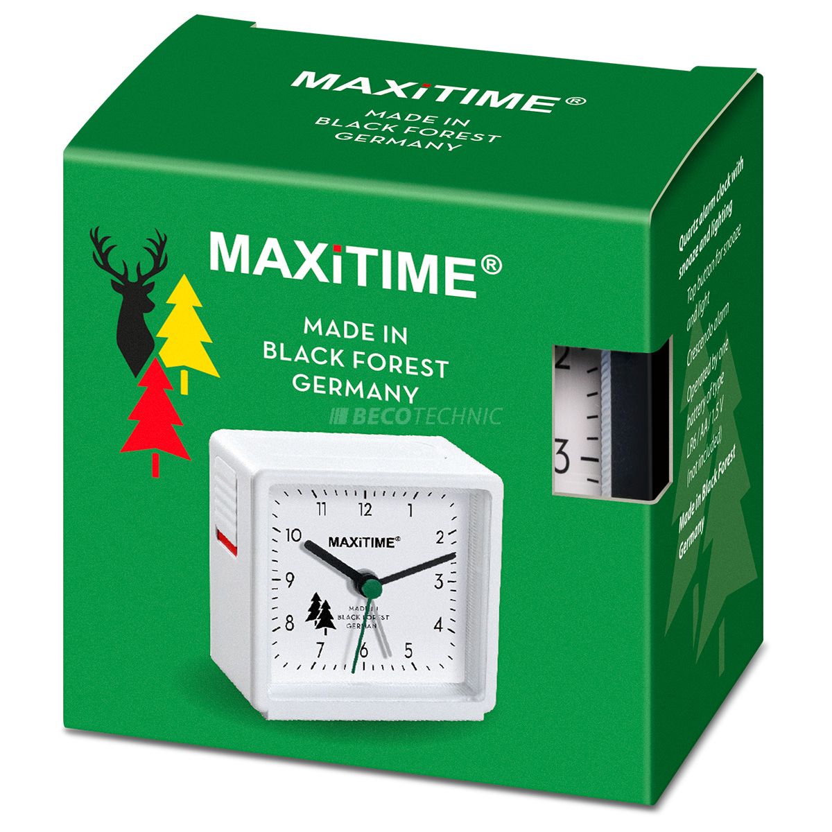 Maxitime quartz alarm clock with light and snooze button, housing black, dial white, made in Black Forest, Germany