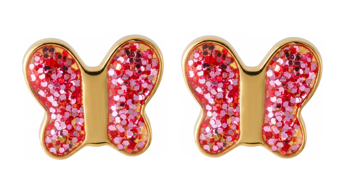 QPP puces d'oreilles A18, papillon, émail rose, inox plaqué or jaune, 1 paire