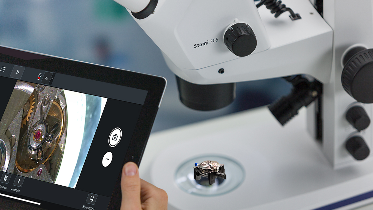 Stereomicroscoop Stemi 305 cam W, microscoop met geïntegreerde 4 megapixel camera en WLAN met
statief K EDU en Spot K LED