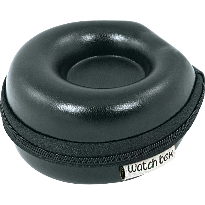 Watch Box Donut, kleines Uhrenetui, Hardcase, glänzendes Lederimitat, schwarz