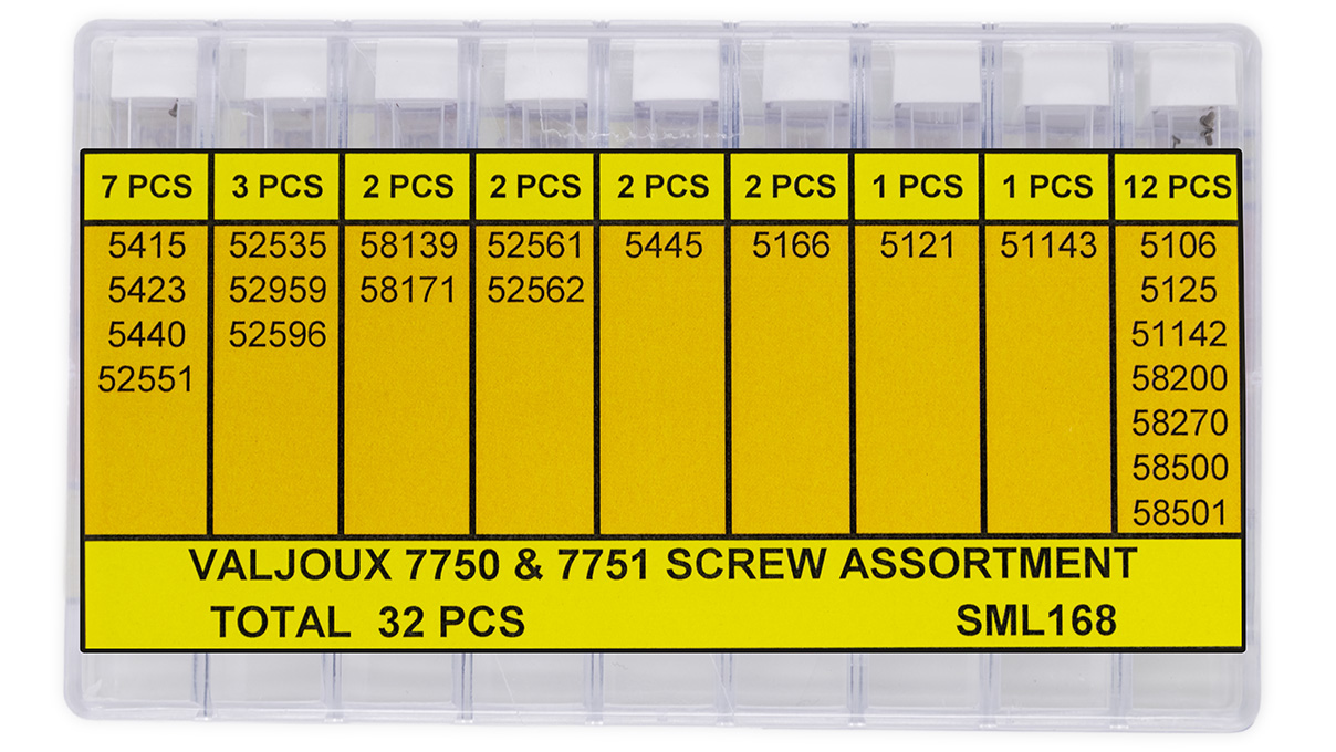 Assortiment de vis pour les calibres de chronographe ETA/Valjoux 7750 et 7751, adapté à différentes
positions du mouvement, 32 vis