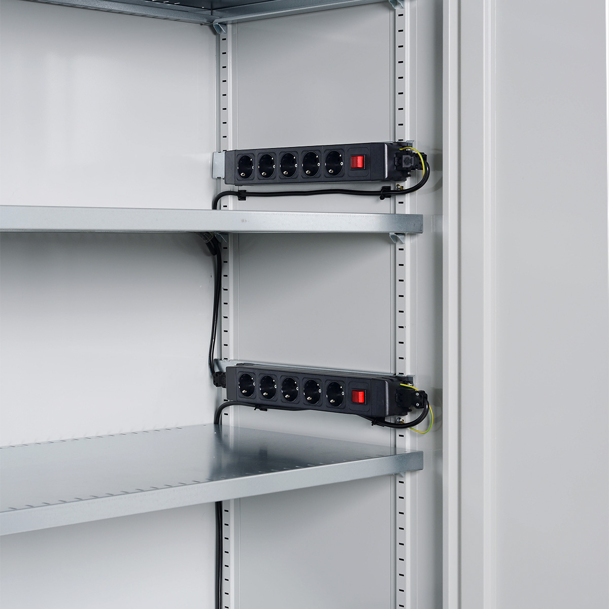 Lista hinged door cabinet with power supply, 10 sockets, 2 viewing windows, 4 adjustable shelves, light
gray, Key Lock