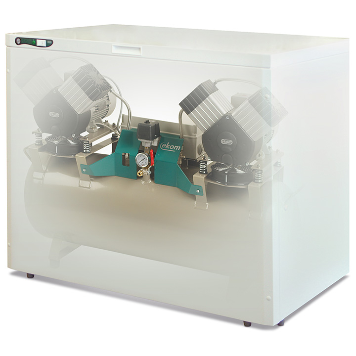 Compresor Ekom DK50 2x2V/110S/M, 8 - 10 bar, 110 l, sin aceite, caja de aislamiento acústico, secador de membrana,
400V/50Hz