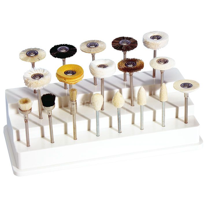 Assortment of 18 brushes and polishers, Ø 21 mm, with stand