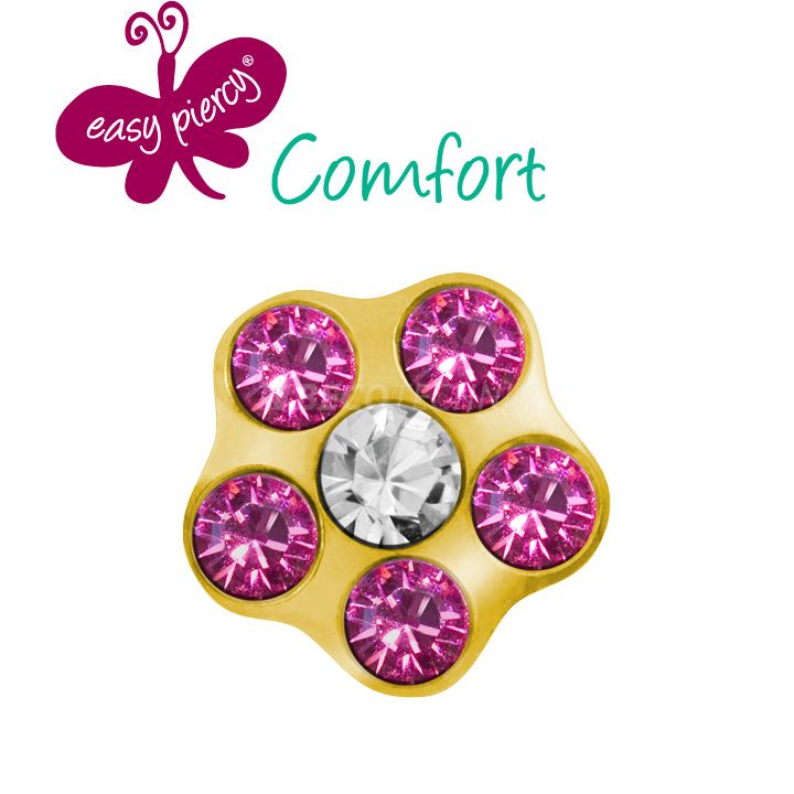 1 Pair Easy Piercy Comfort ear studs Flower Ø 5,0 mm, gold plated, Diamond/Rosé imitation