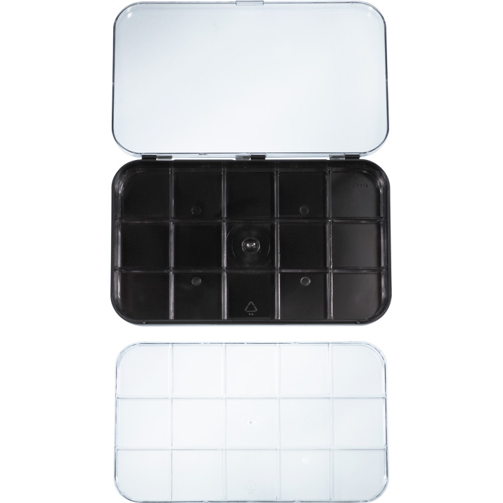 Plastic box with 2 trays and 15 cases
