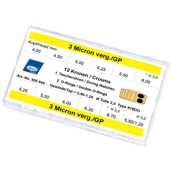 Assortment Crowns for Diving Watches 919DO, 12 pieces, 3 micron yellow, height 3,0, Ø 4,0-6,0, height 3,5, Ø 5,25-7,0, Tube 2,0, thread 0,90, height 3,0, Ø 5,5-6,0, thread 1,2, waterproof, Double 0-Ri