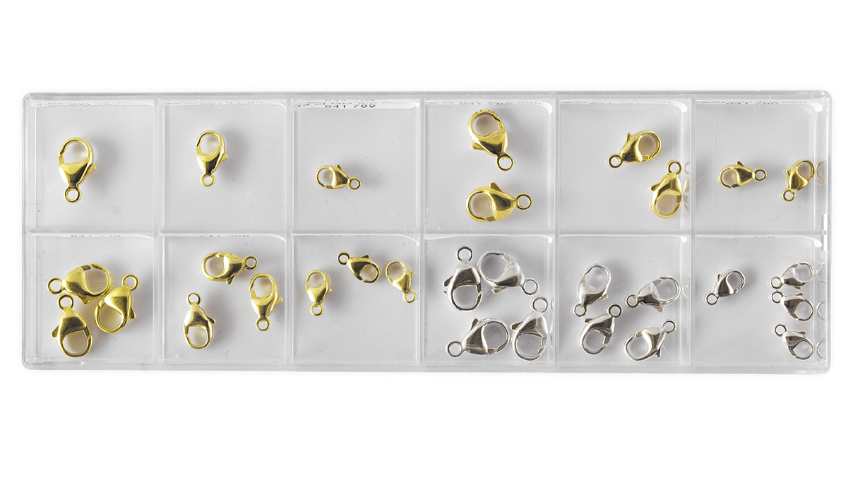 Assortment of lobster clasps, lengths 13, 11, and 9 mm, 1 each of 14 ct, 2 each of 8 ct, 3 each gold-plated,
4 each silver, 30 pieces total