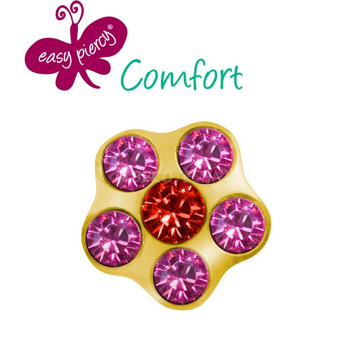 1 Pair Easy Piercy Comfort ear studs Flower Ø 5,0 mm, gold plated, Ruby/Rosé imitation