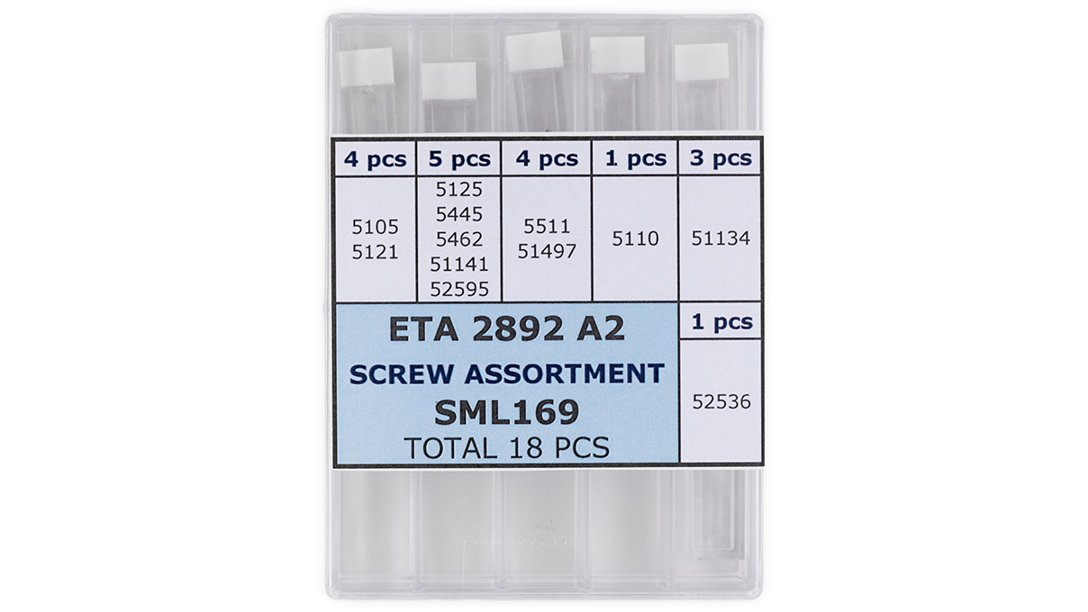 Jeu de vis pour le calibre ETA 2892-A2, 18 vis pour les positions ETA 5105, 5121, 5125, 5445, 5462, 51141,
52595, 5511, 51497, 5110, 51134 et 52536