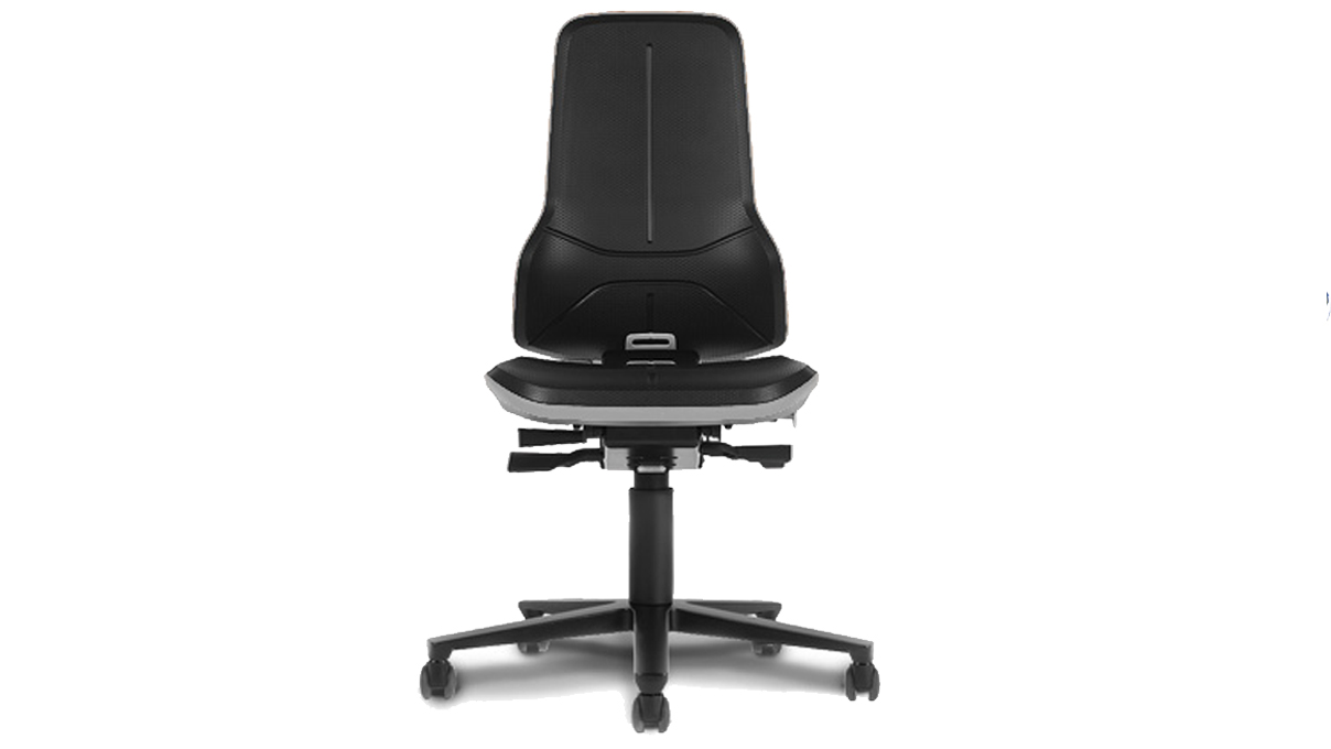 Bimos Neon werkstoel 9563, zithoogte 45 - 62 cm, permanentcontactrugleuning, zwart frame, zachte
wielen voor harde vloeren, zonder gestoffeerd element
