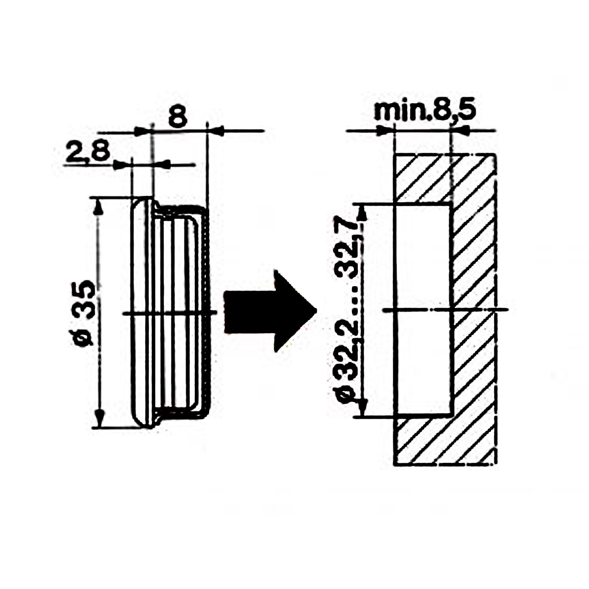 Insert movement, quartz roman nickel plated Ø 35 mm mounting dimensions 32,2 -32,7 x 8,5 mm