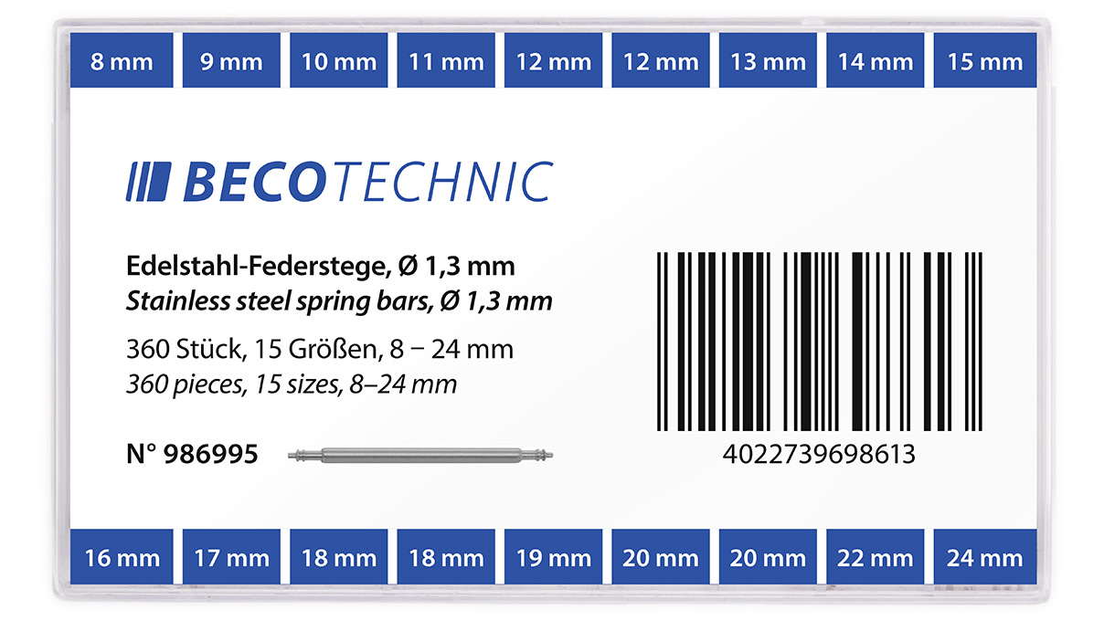 Assortiment van 360 roestvrijstalen veerstiften met dubbele kraag, Ø 1,3 mm, 20 x lengte 8 / 9 / 10 / 11 /
13 / 14 / 15 / 16 / 17 / 19 / 22 / 24 mm, 40 x lengte 12 / 18 / 20 mm