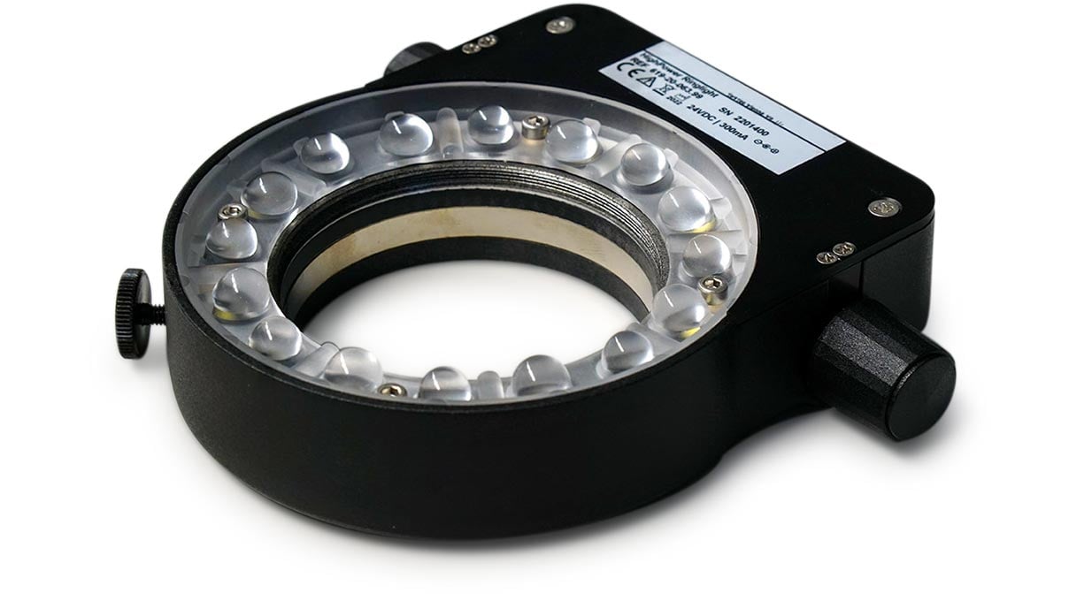 High Power LED ring light (HPRL), segmentable, 8 High Power LEDs with ring optics, optics mountable
for near or far range