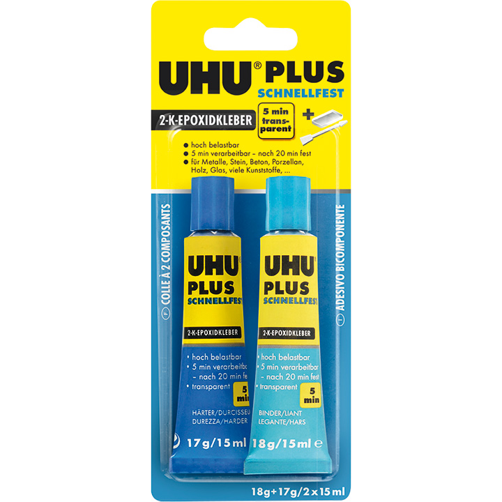 UHU plus schnellfest 2-Komponenten Kleber, 1 Tube Binder, 1 Tube Härter, 30 ml