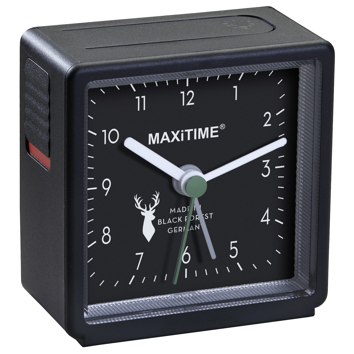 Maxitime quartz wekker  met licht en sluimerknop, zwarte kast, zwarte wijzerplaat, gefabriceerd in het zwarte woud