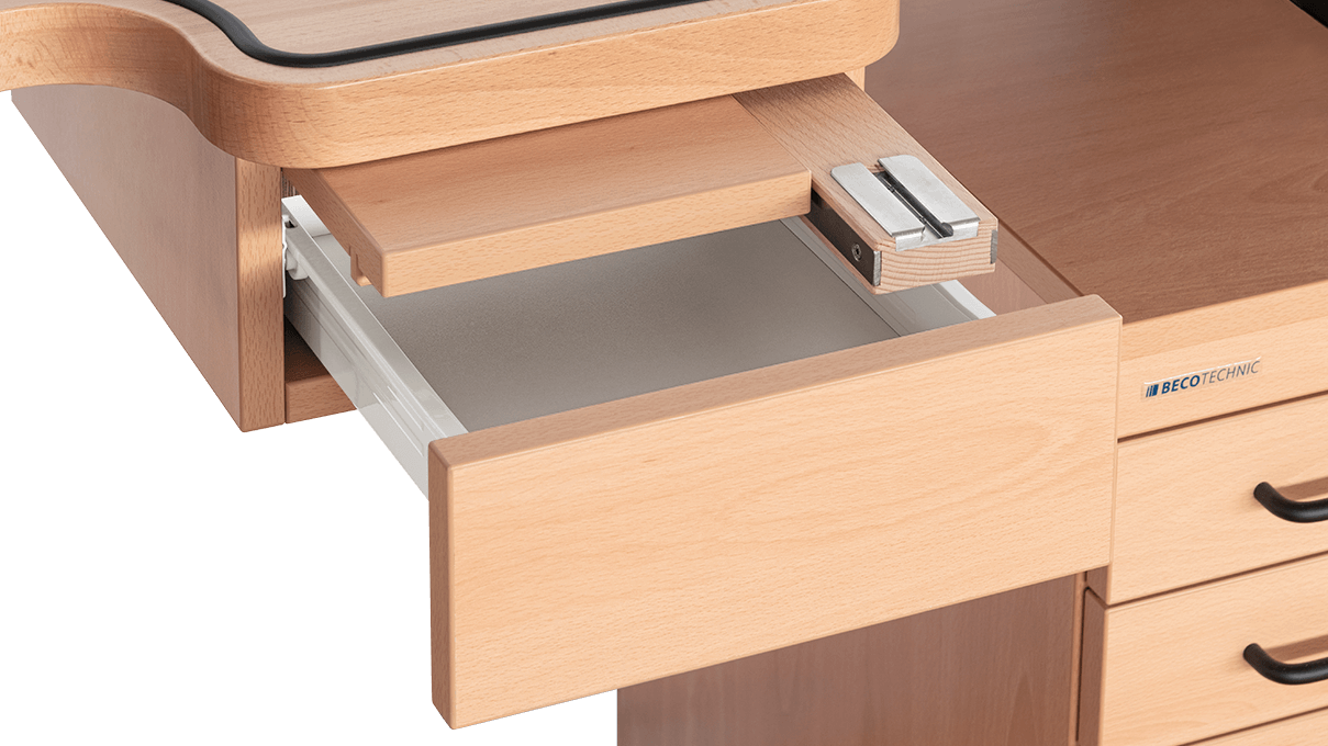 Central drawer with pull-out shelf board and insertion device with file wood and vise holder, beech, optional
equipment for Ergolift Evolution width 120 cm and 140 cm