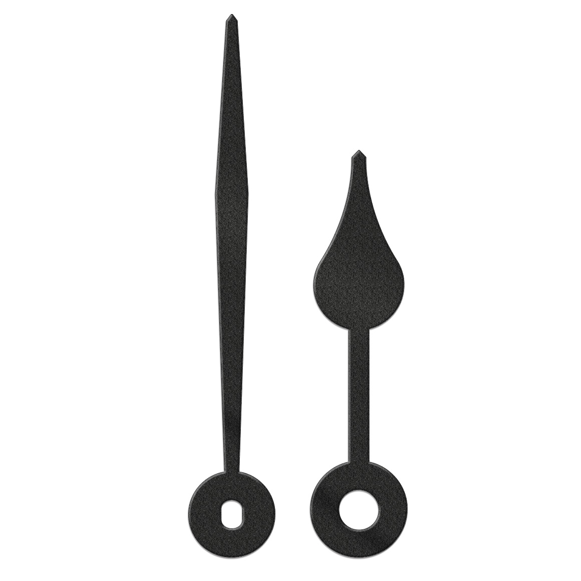 Pair of clock hands, pear-shaped, length 65
mm, plastic, black