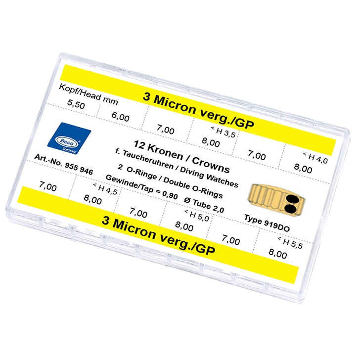 Assortment Crowns for Diving Watches 919DO, 12 pieces, 3 micron yellow, height 3,5, Ø 5,5-8,0, height 4,0, Ø 7,0-8,0, height 4,5, Ø 7,0-8,0, heght 5,0, Ø 7,0-8,0,  height 5,5, Ø 7,0-8,0, Tube 2,0, thre