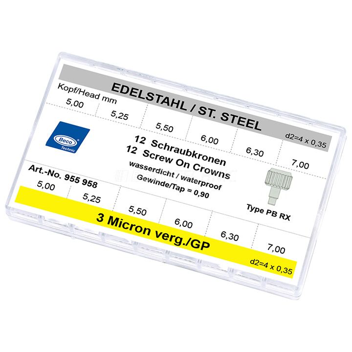 Sortiment à 12 Schraubkronen mit Tube und Dichtungen PBRX, je 6 Stück Edelstahl Ø 5,0-7,0, 3 Micron gelb verg. Ø 5,0-7,0, Gewinde 0,90, 4,0 x 0,35