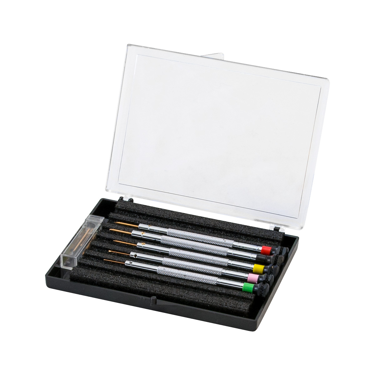5 screwdrivers, 0,6 - 1,2 mm, plastic box, with spare blades, antimagnetic