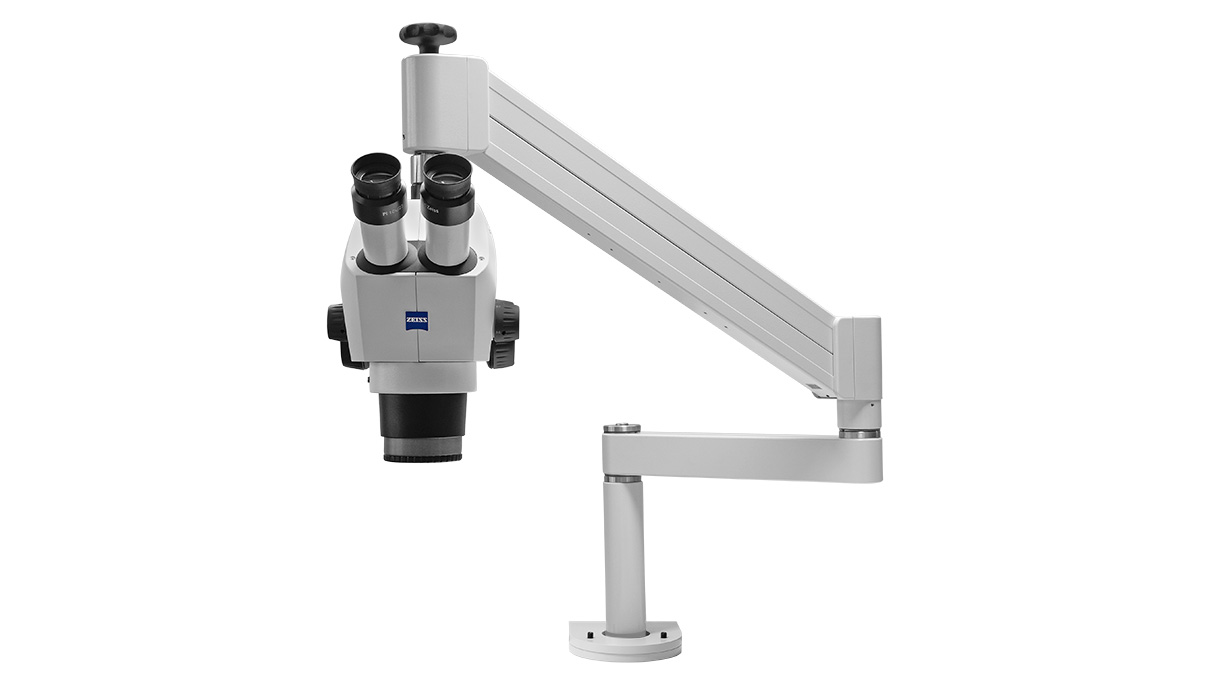 Zeiss Stativ U, veerscharnarmstatief inclusief dwarsbalk en kantelkop voor het bevestigen van een
microscoophouder, met tafelbevestiging om te klemmen of vast te schroeven