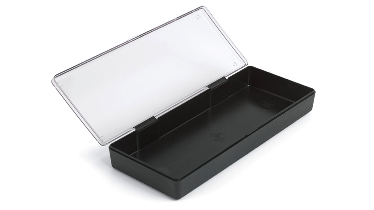 Sortimentsbox, schwarz mit transparentem Deckel, 260 x 105 x 45 mm