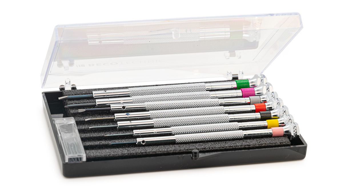 BasicPlus Screwdriver, 7 pieces in plastic case, 0.6 - 2.0 mm, with spare blades