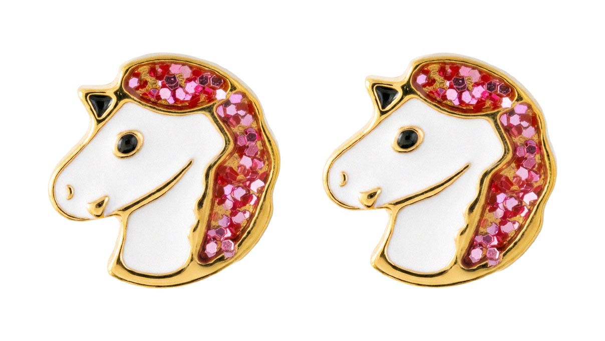 QPP pendientes A126, unicornio esmaltado, inox chapado en oro amarillo, 1 par
