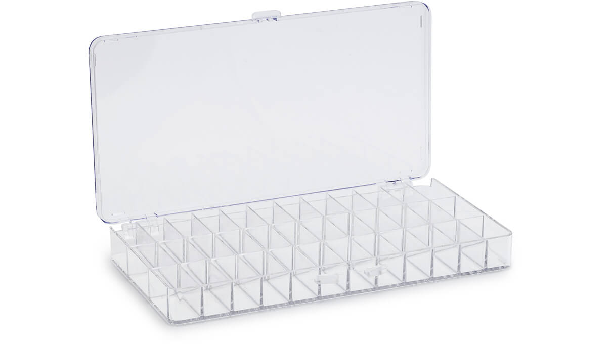 Storage box with 36 compartments, with hinged lid