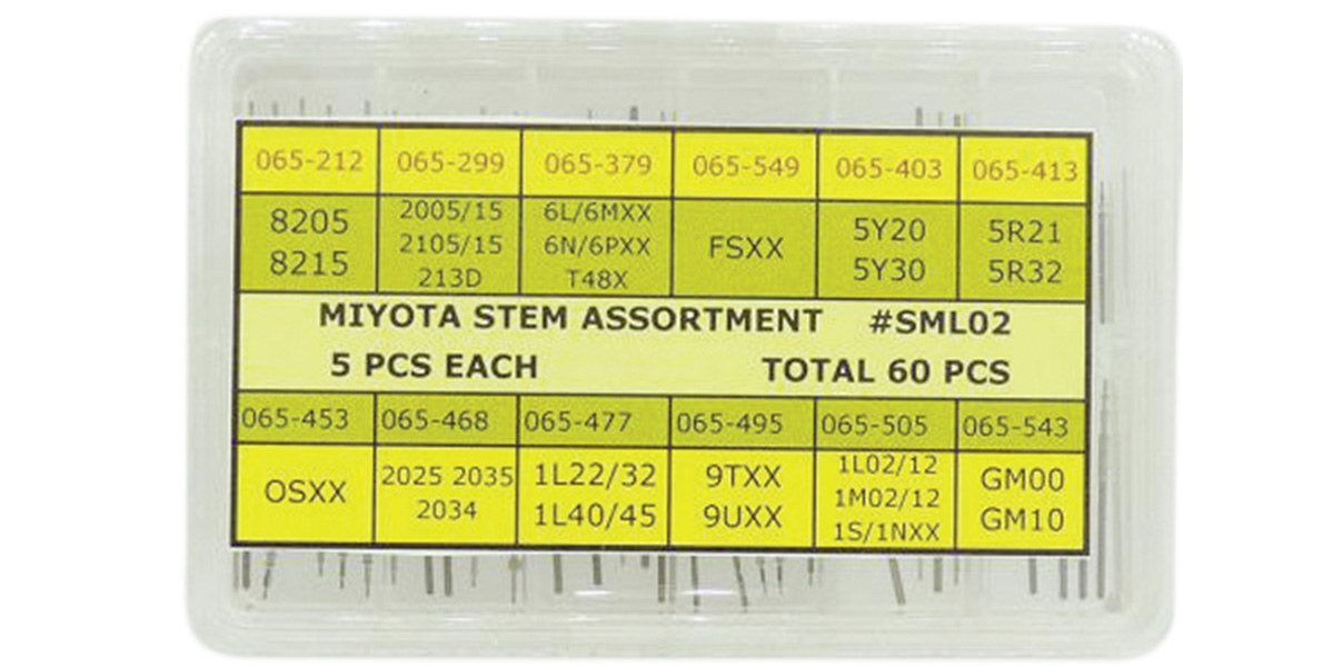 Assortment of setting stems Citizen-Miyota, 5 pieces per type, 60 pieces