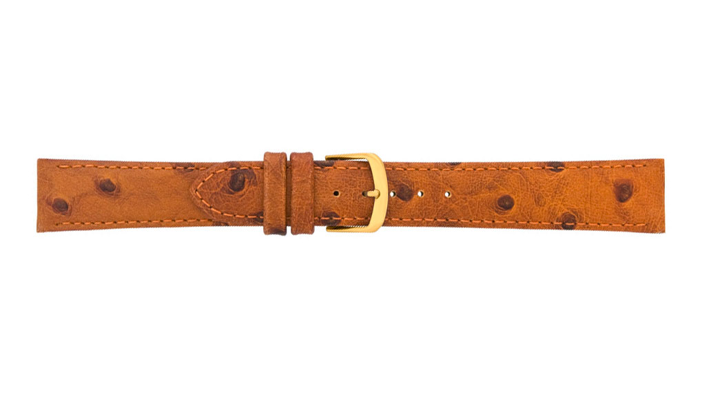 Uhrenband, Ostrich, Kalbsleder, 16 mm, Hellbraun, Schließe Vergoldet