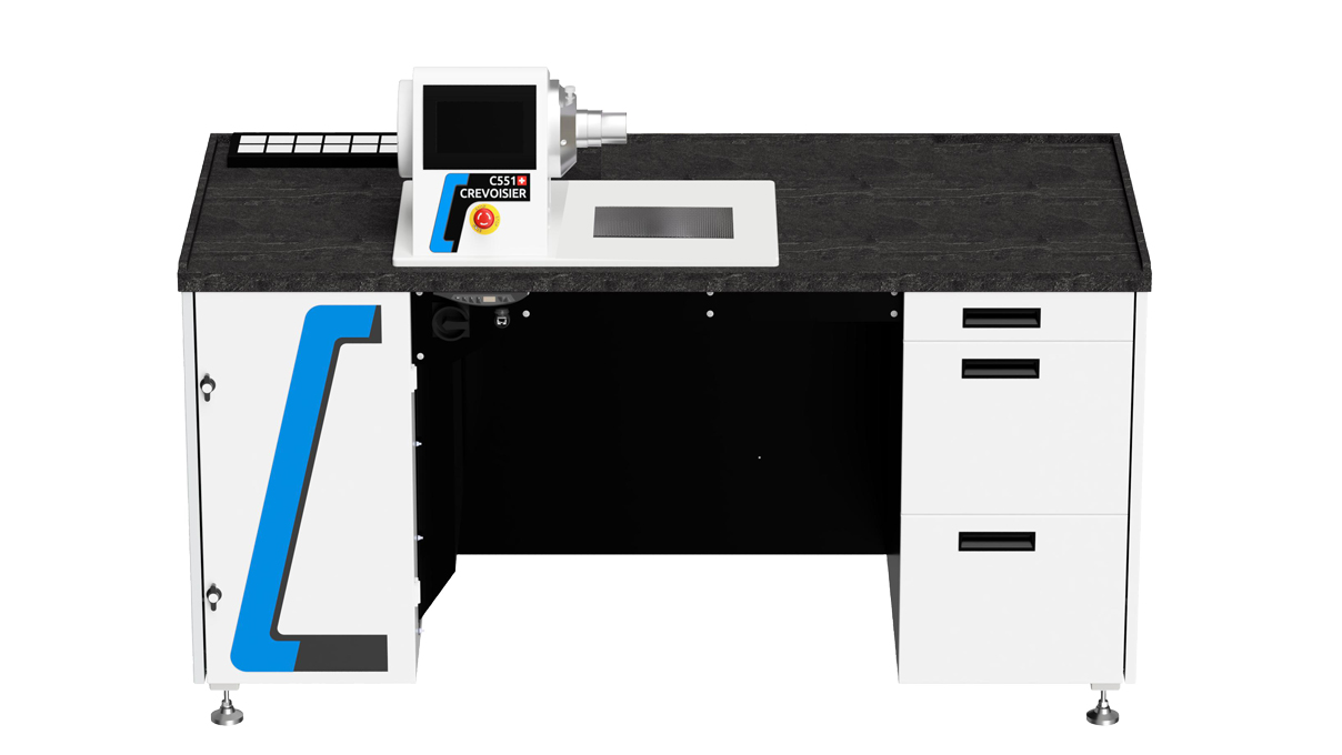 Crevoisier C551 (M12) with S-Line Confort worktable, without a bezel, incl. suction unit, table top with
slate-colored, power supply below (400 V)