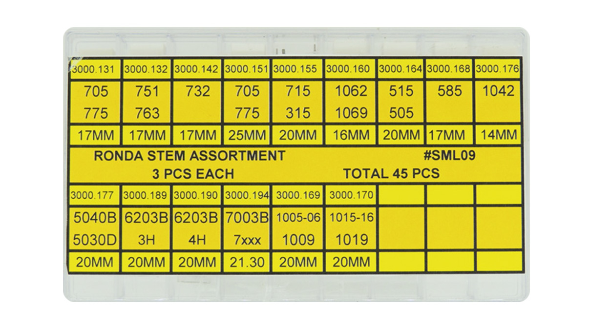 Assortment of setting stems Ronda, 3 pieces per type, 45 pieces