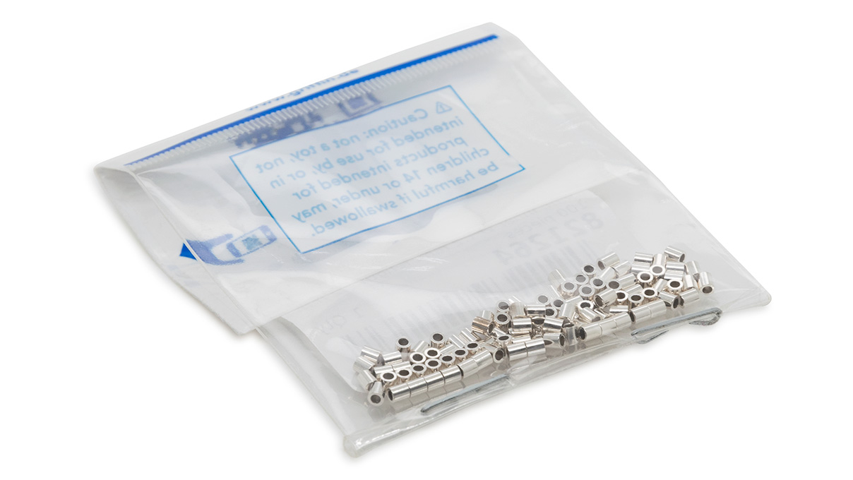 Crimp tubes, 925/- silver, outer-Ø 2 mm, inner-Ø 1,2 mm, length 2,2 mm, 100 pieces