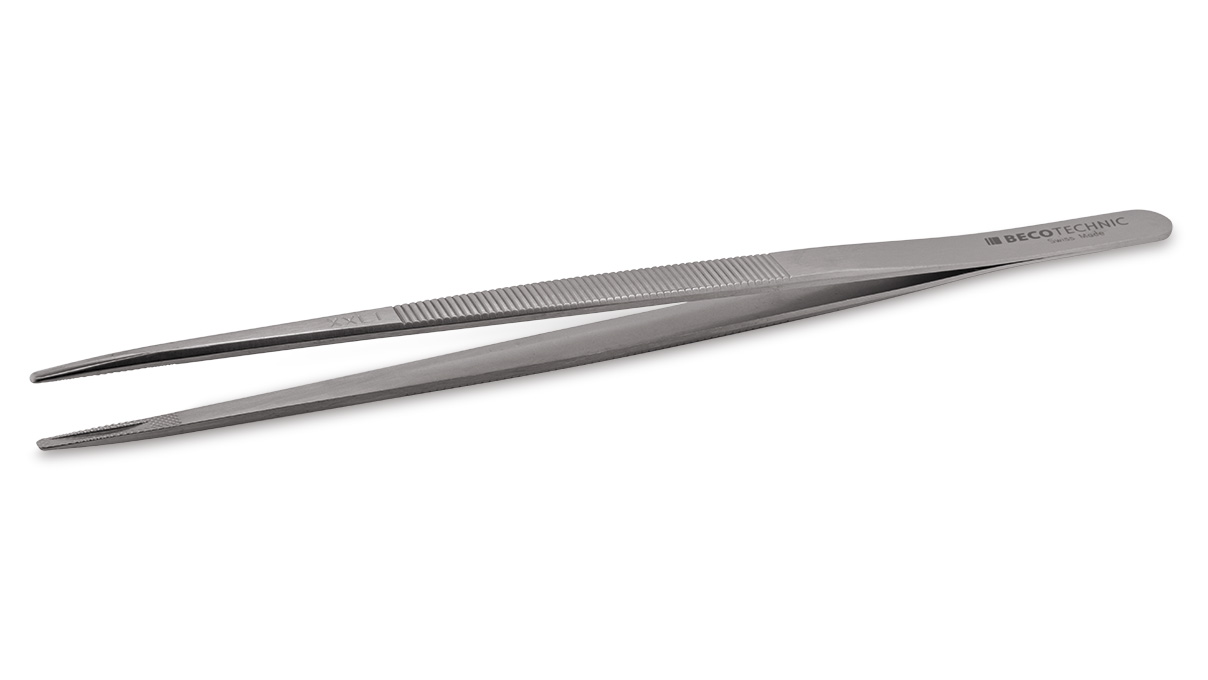 Tweezers with serrated grips, large tips with cut and groove, length 160 mm