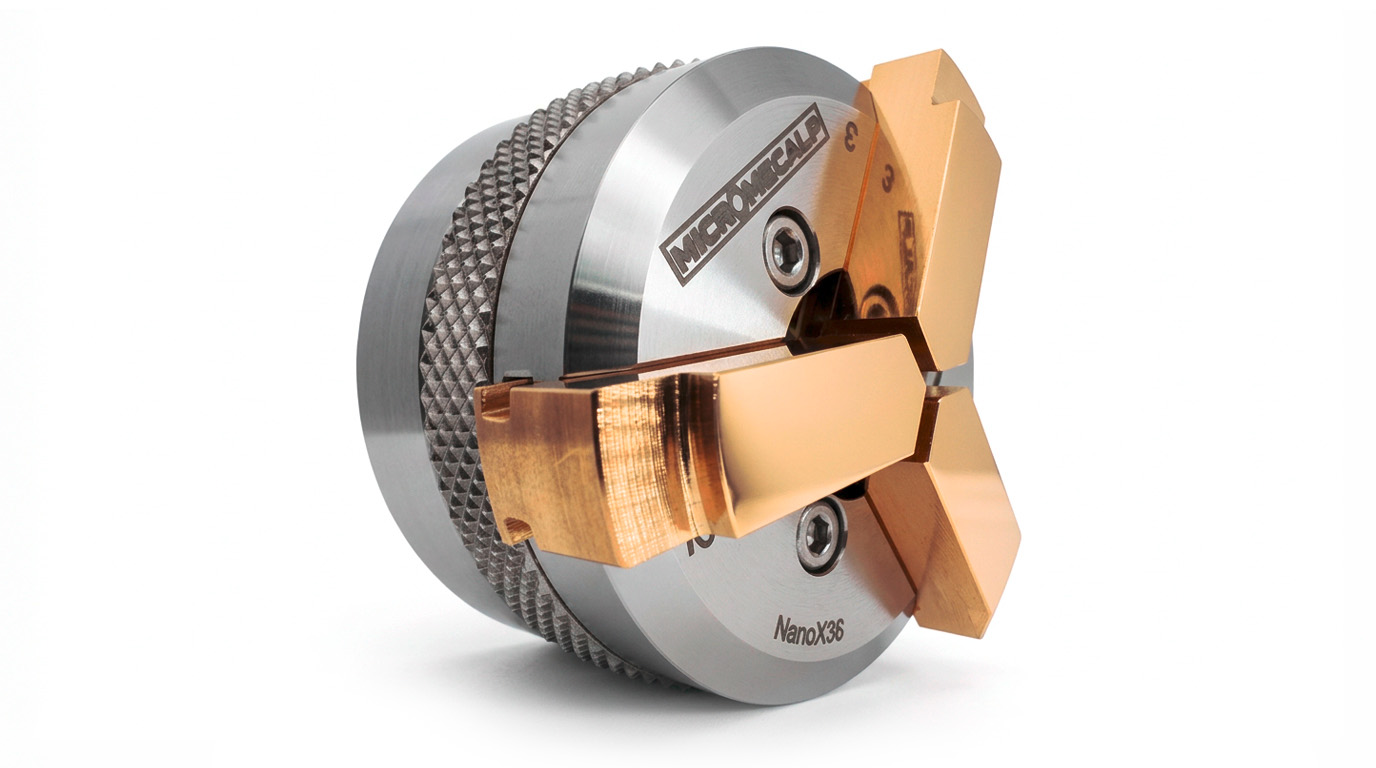 Micromecalp Lapino mit Nano X36, Lapidierschlitten mit mikrometrischer Einstellung, M14, inkl. drei Standard-Spannzangenfuttern
(Ø 40 mm Durchmesser, individuell anpassbar), Nano X36 mit variablen Messingbacken