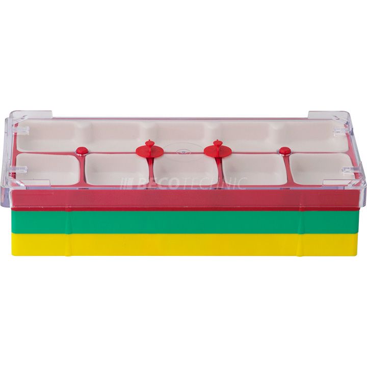 Set of plastic boxes for watch assembly each with 6 compartments including stacking socks