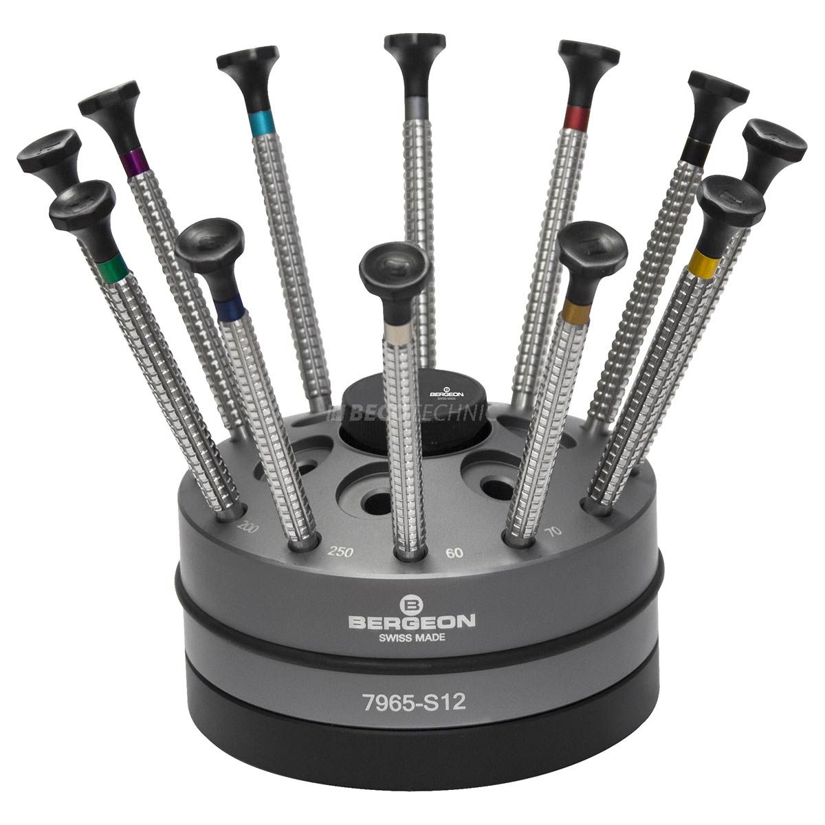 Bergeon 7965-S12 rotatable stand with 12 watchmaker screwdrivers with special profile