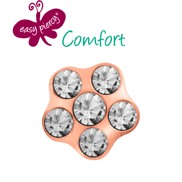 1 Pair Easy Piercy Comfort ear studs Flower Ø 5,0 mm, rosé gold plated, Diamond/Diamond imitation