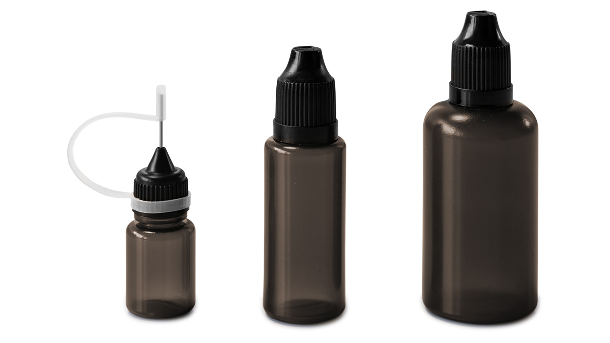 Set van 9 flessen, 5 - 50 ml, zwart, met deksel, doseerhulpmiddelen en trechter