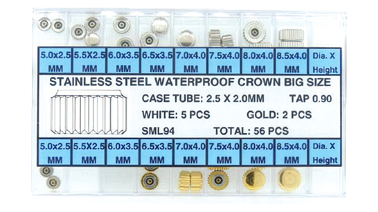 Assortment 56 "Big Size" WP crowns stainless steel PNP & yellow GP tap 0,90 mm