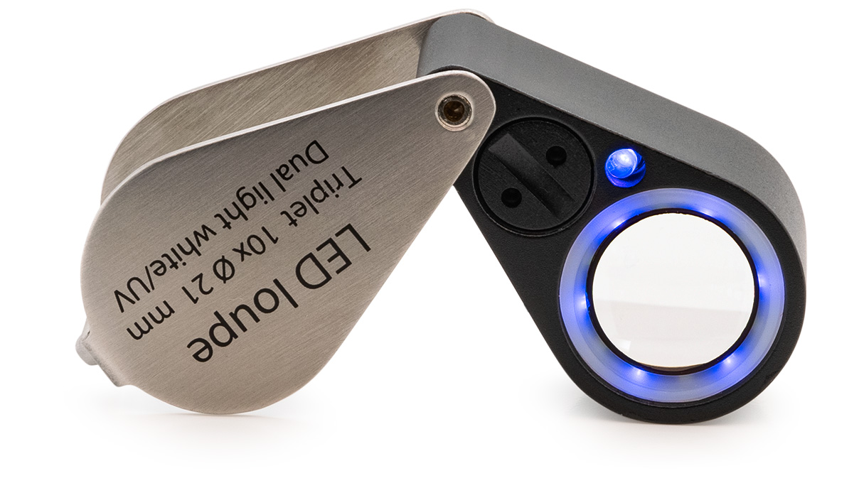 Triplet diamond loupe, 10x magnification, lens Ø 21 mm, with LED and UV light