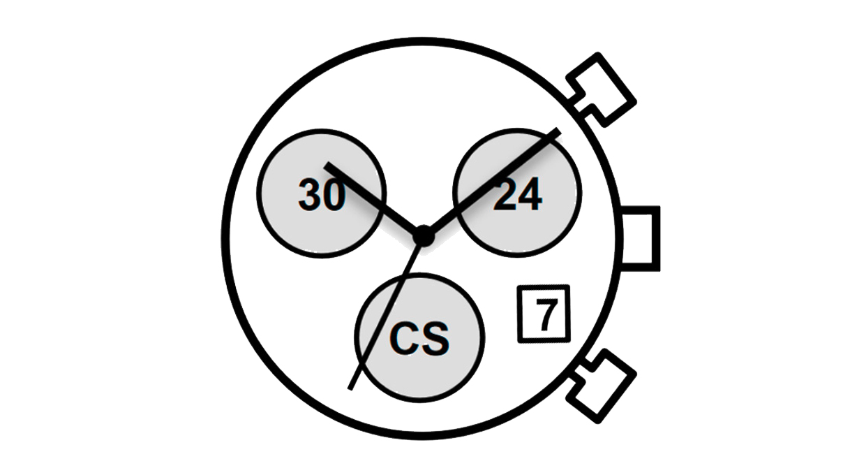 Mvt. Miyota JS05 12 1/2''' DATE4.5, Parallel, SC STOPWATCH 3EYES 24H SEC 30MIN Quarz (364 | SR621SW)