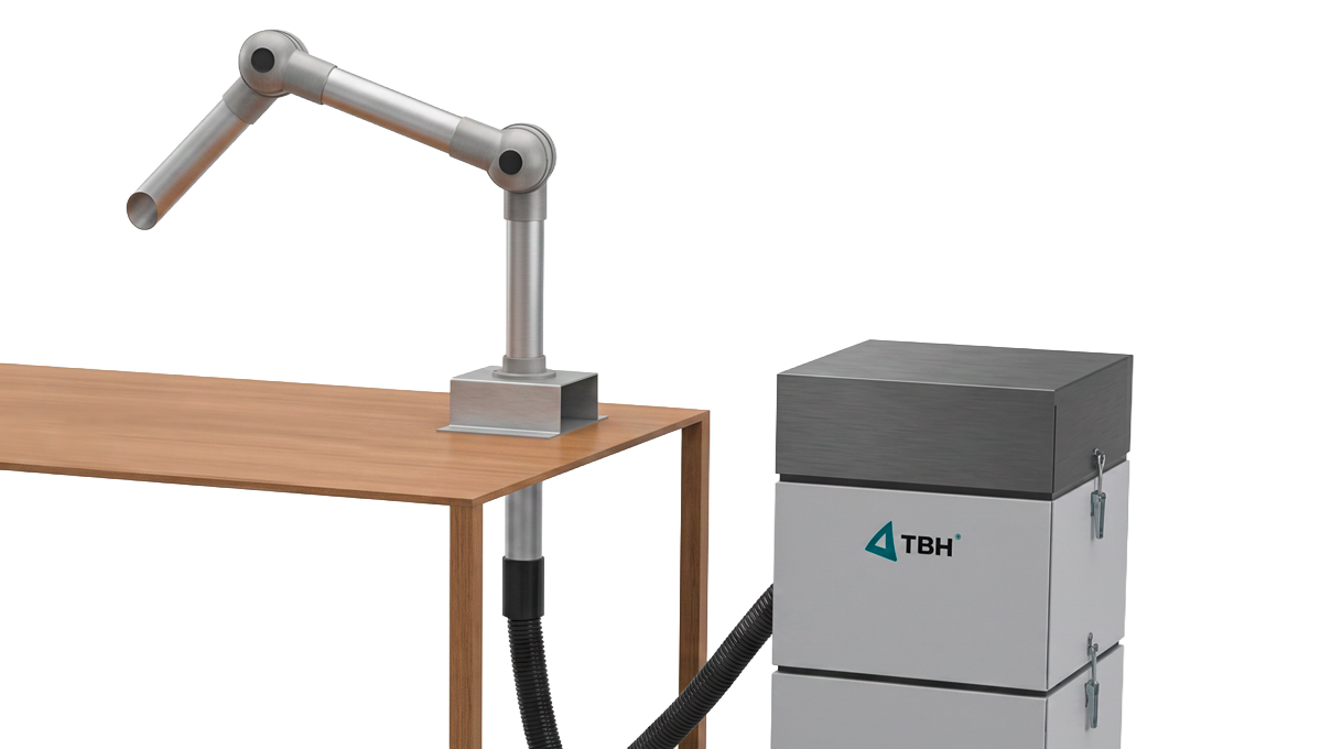 TBH Extraction arm, Ø 50 mm for bench mounting, Reach 745, 2 Joints in white polypropylene (PP), Tube
in anodized aluminium