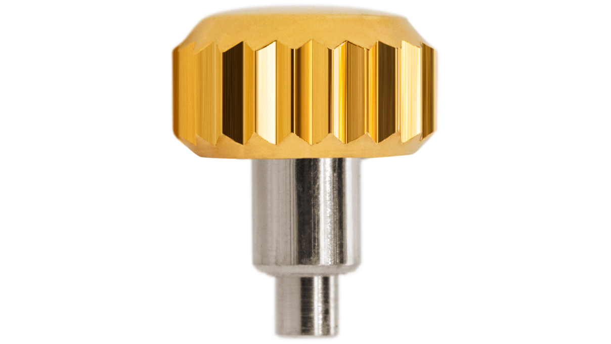 Schraubkrone PBRX, 3 Micron gelb mit Tube und Dichtung, Ø 5,5, Tubus 2,7, Gewinde 0,9, wasserdicht Schraubkrone PBRX, 3 Micron gelb mit Tube und Dichtung, Ø 7,0, Tubus 2,9, Gewinde 0,9, wasserdicht