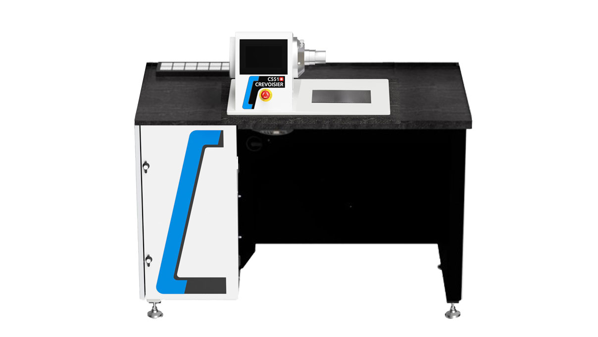 Crevoisier C551 (M12) with S-Line Short worktable , without a bezel, incl. suction unit, table top with
slate-colored, power supply below (400 V)