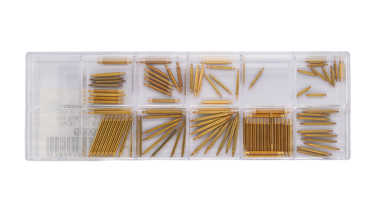 Surtido de 100 pasadores de muelle, latón, Ø 1,4 y 1,8 mm, con reborde, amarillos, longitudes de 9 a 21
mm
