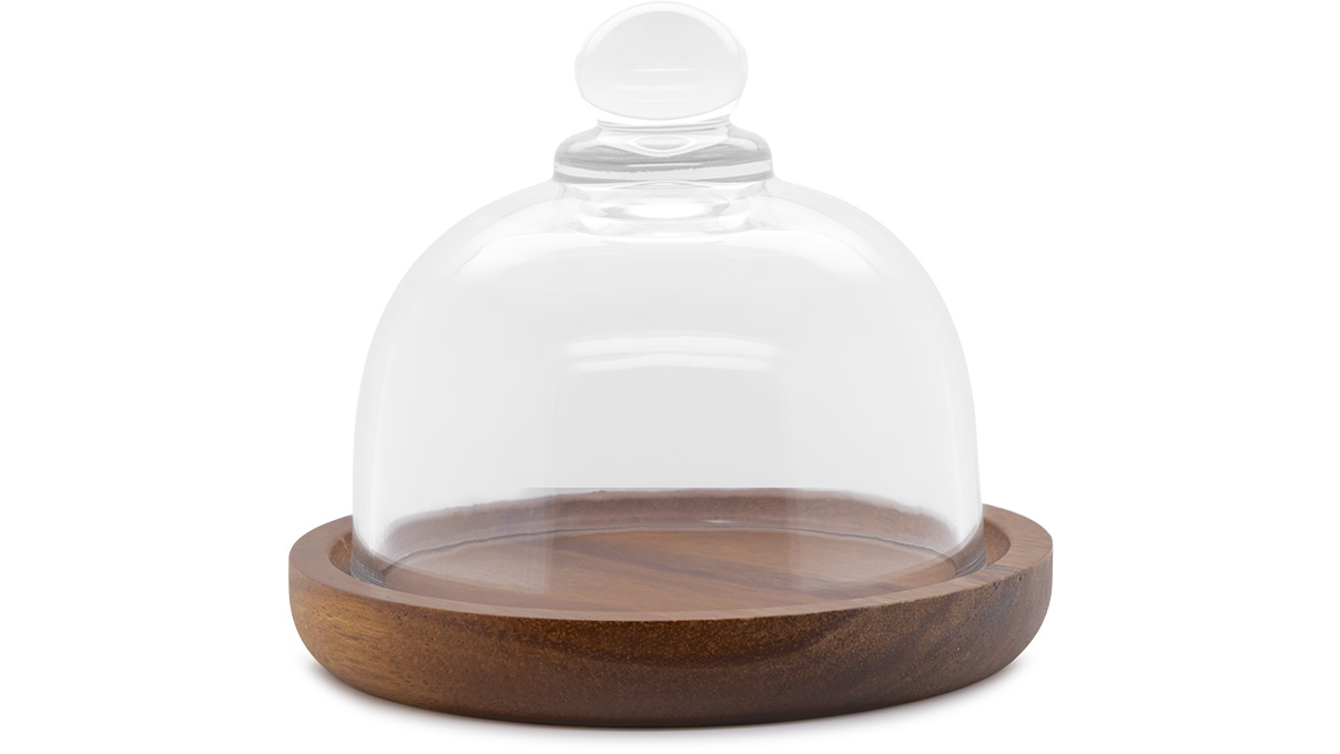 Glass dust cover with wooden base, Ø 105 x 95 mm