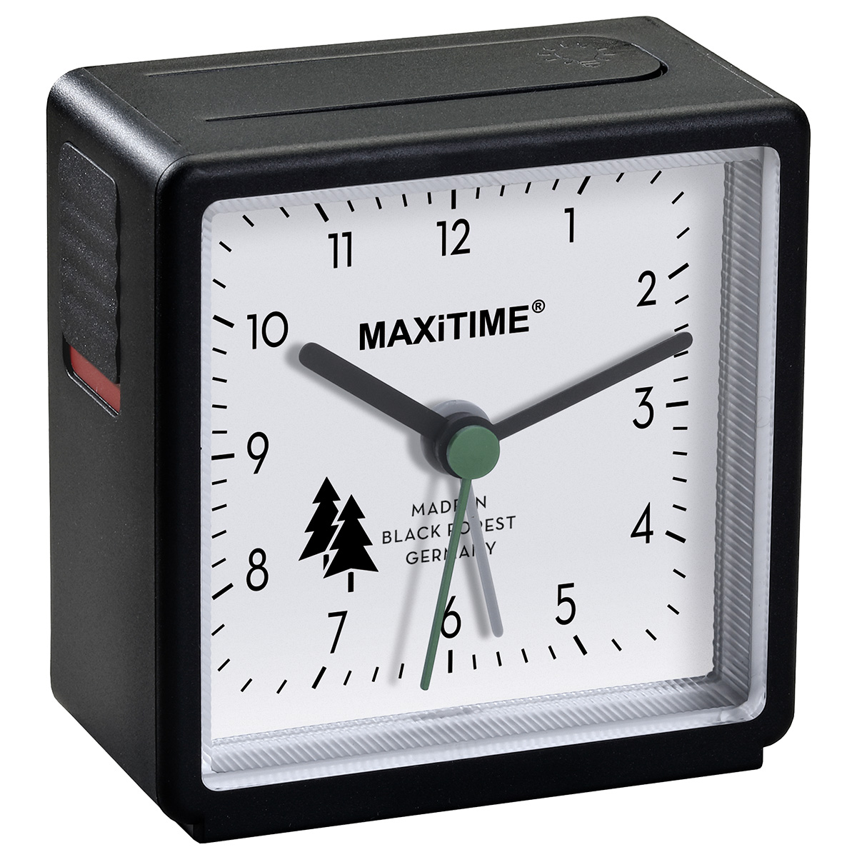 Maxitime quartz wekker met licht en sluimerknop, zwarte kast, witte wijzerplaat, gefabriceerd in het zwarte woud